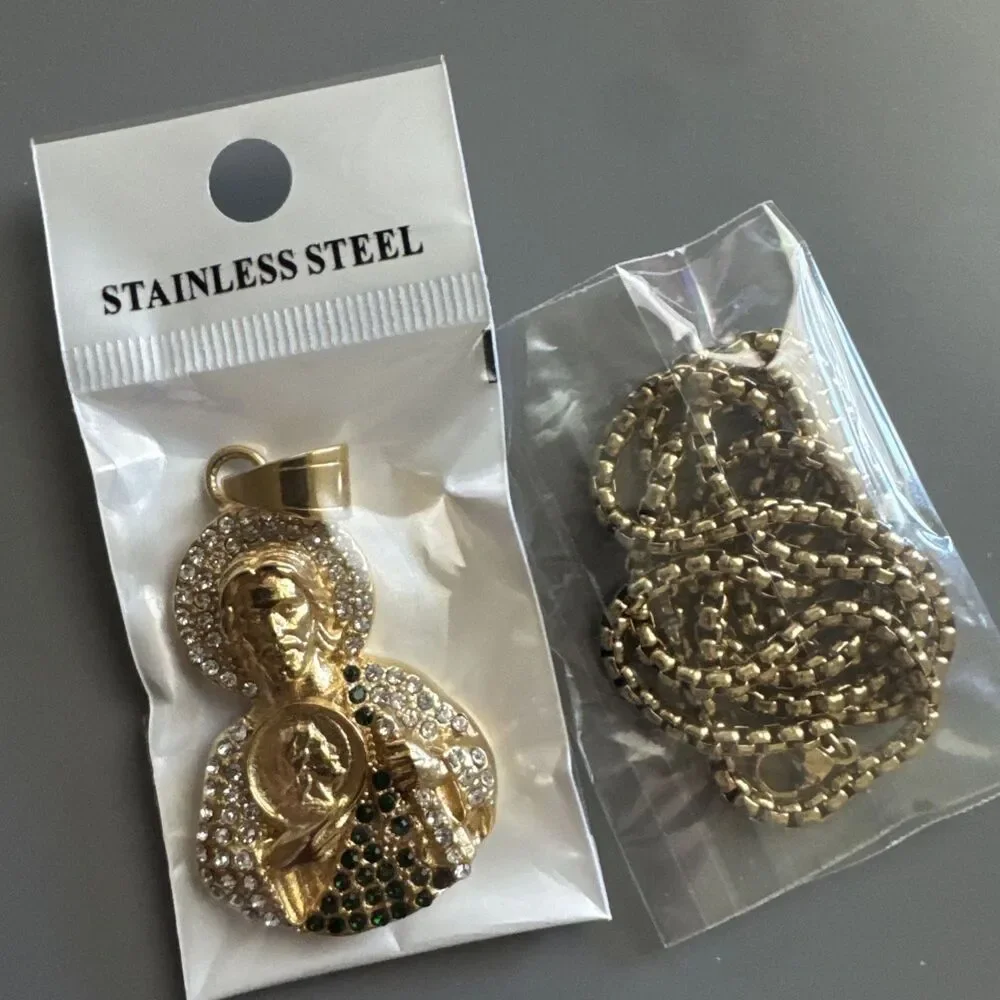 Saint Jude Thaddeus Pendant Gold Stainless Steel 24” Chain Jesus Cubic Zirconia
